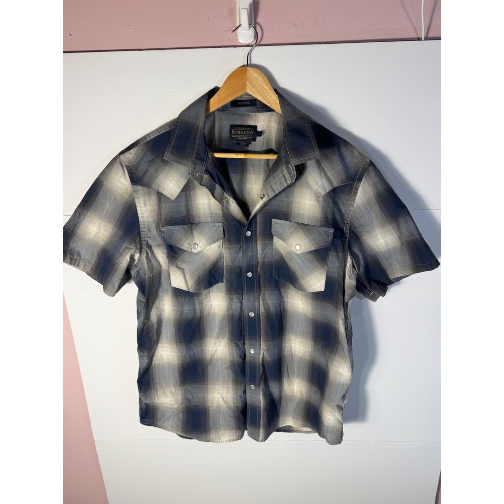 Pendleton Frontier Mens Blue Plaid Short Sleeve Western Snap Front Shirt Large